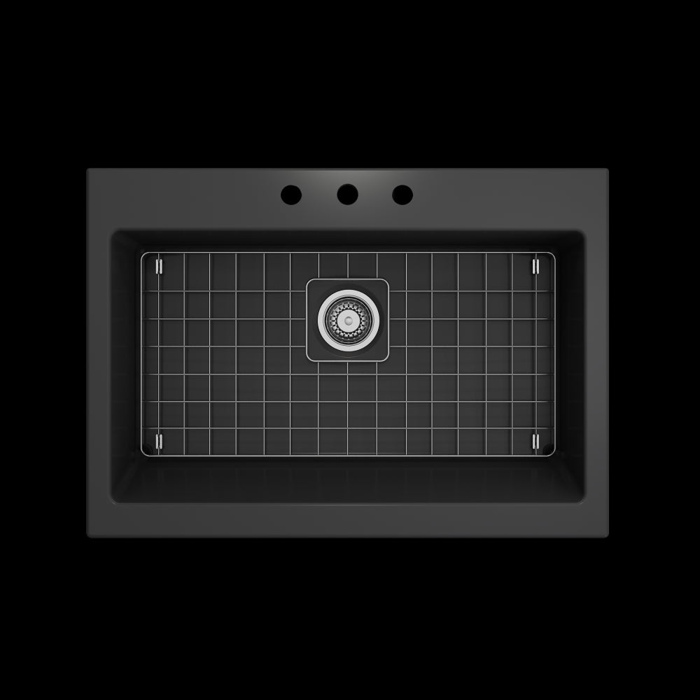 Nuova Apron Front Drop-In Fireclay 34 in. Single Bowl Kitchen Sink with Protective Bottom Grid and Strainer in Matte Dark Gray