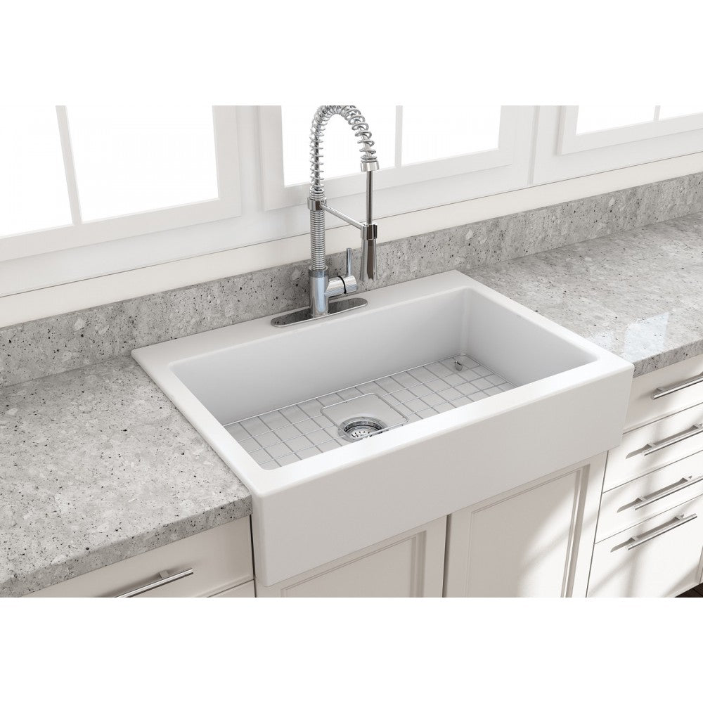 Nuova Apron Front Drop-In Fireclay 34 in. Single Bowl Kitchen Sink with Protective Bottom Grid and Strainer in Matte White