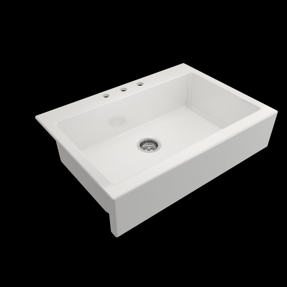 Nuova Apron Front Drop-In Fireclay 34 in. Single Bowl Kitchen Sink with Protective Bottom Grid and Strainer in White
