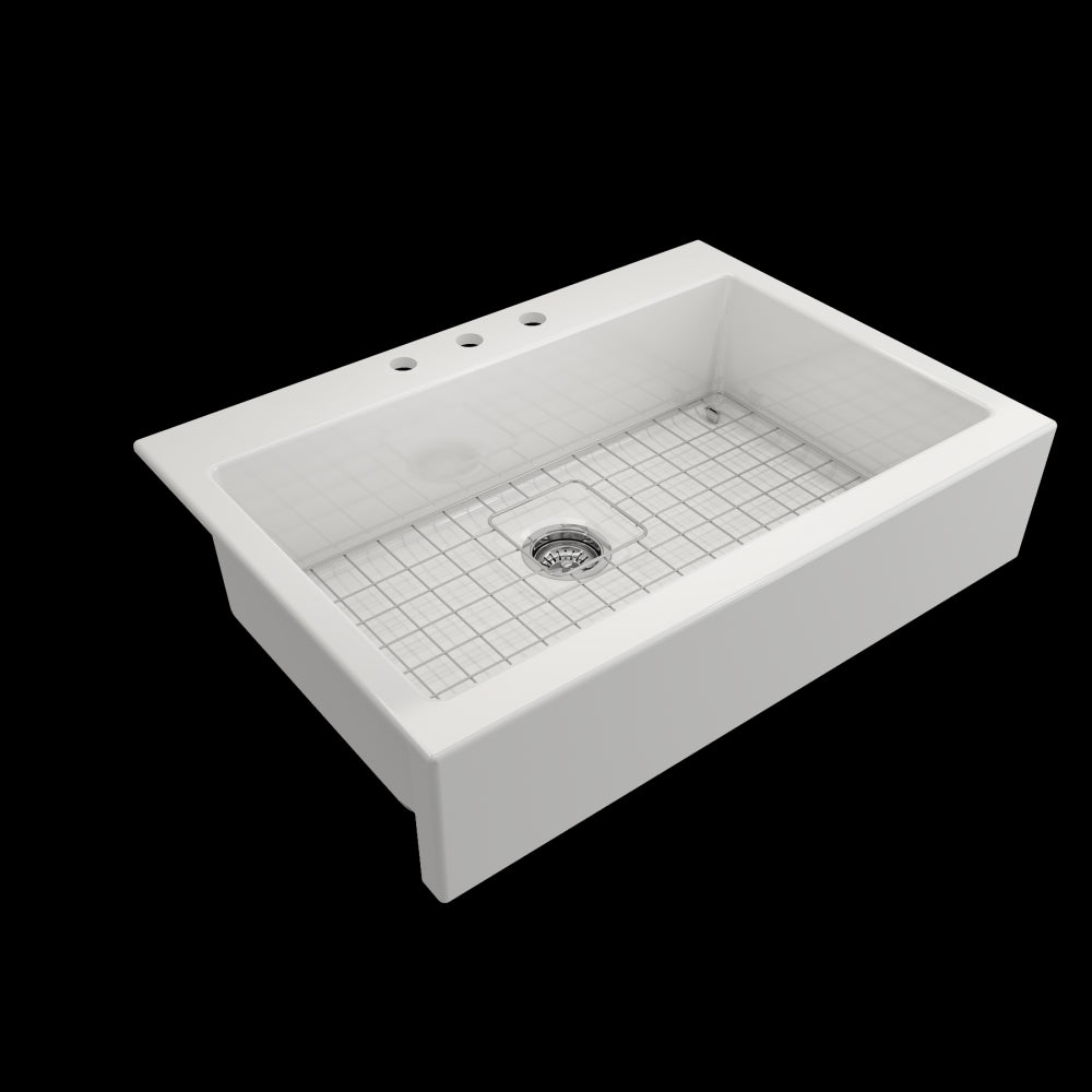 Nuova Apron Front Drop-In Fireclay 34 in. Single Bowl Kitchen Sink with Protective Bottom Grid and Strainer in White