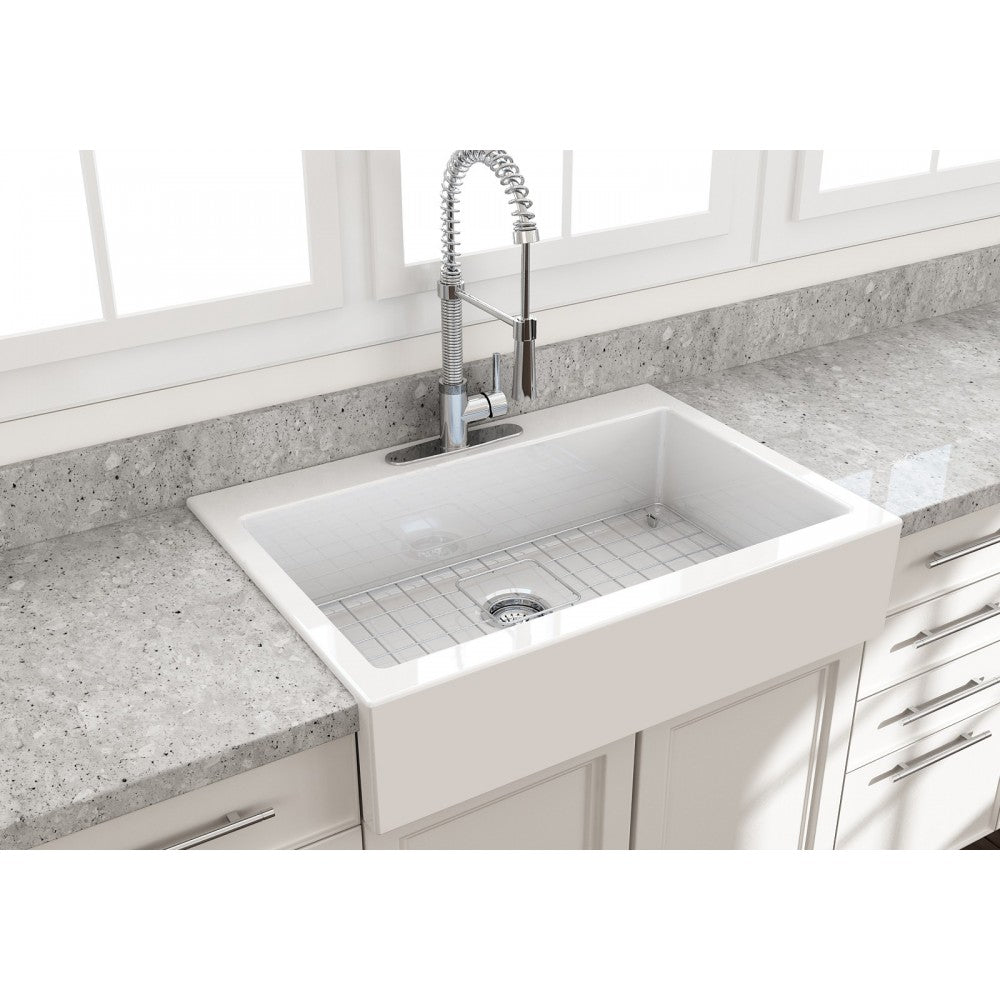 Nuova Apron Front Drop-In Fireclay 34 in. Single Bowl Kitchen Sink with Protective Bottom Grid and Strainer in White