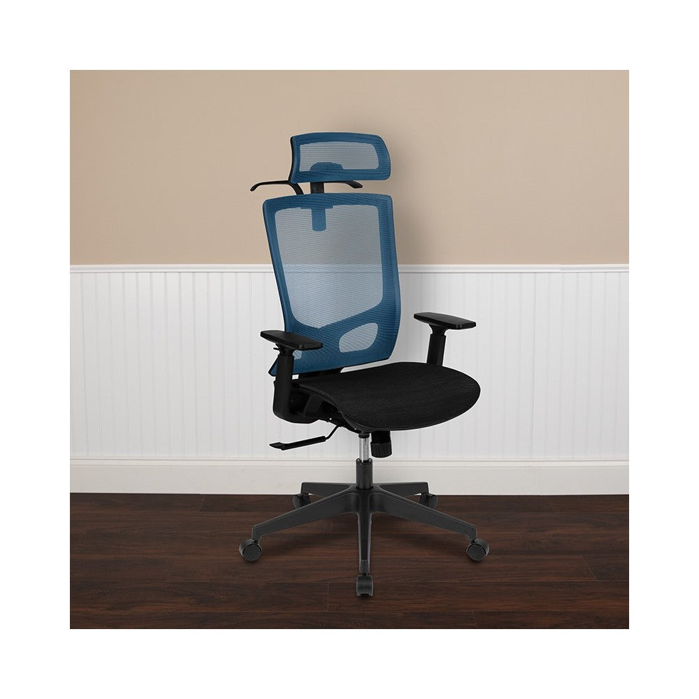 Office Chair with Synchro-Tilt, Pivot Adjustable Headrest, Lumbar Support, Coat Hanger & Adjustable Arms-Blue/Black