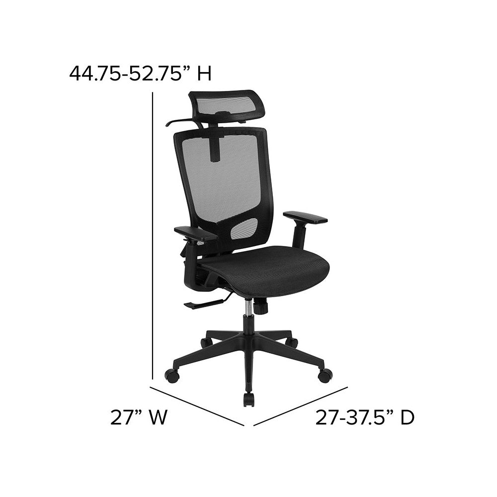 Office Chair with Synchro-Tilt, Pivot Adjustable Headrest, Lumbar Support, Coat Hanger and Adjustable Arms in Black