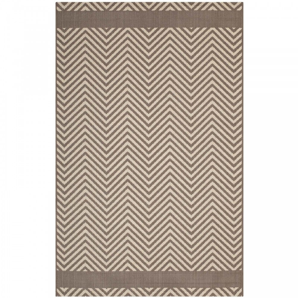 Optica Chevron With End Borders 8x10 Indoor and Outdoor Area Rug, Light and Dark Beige