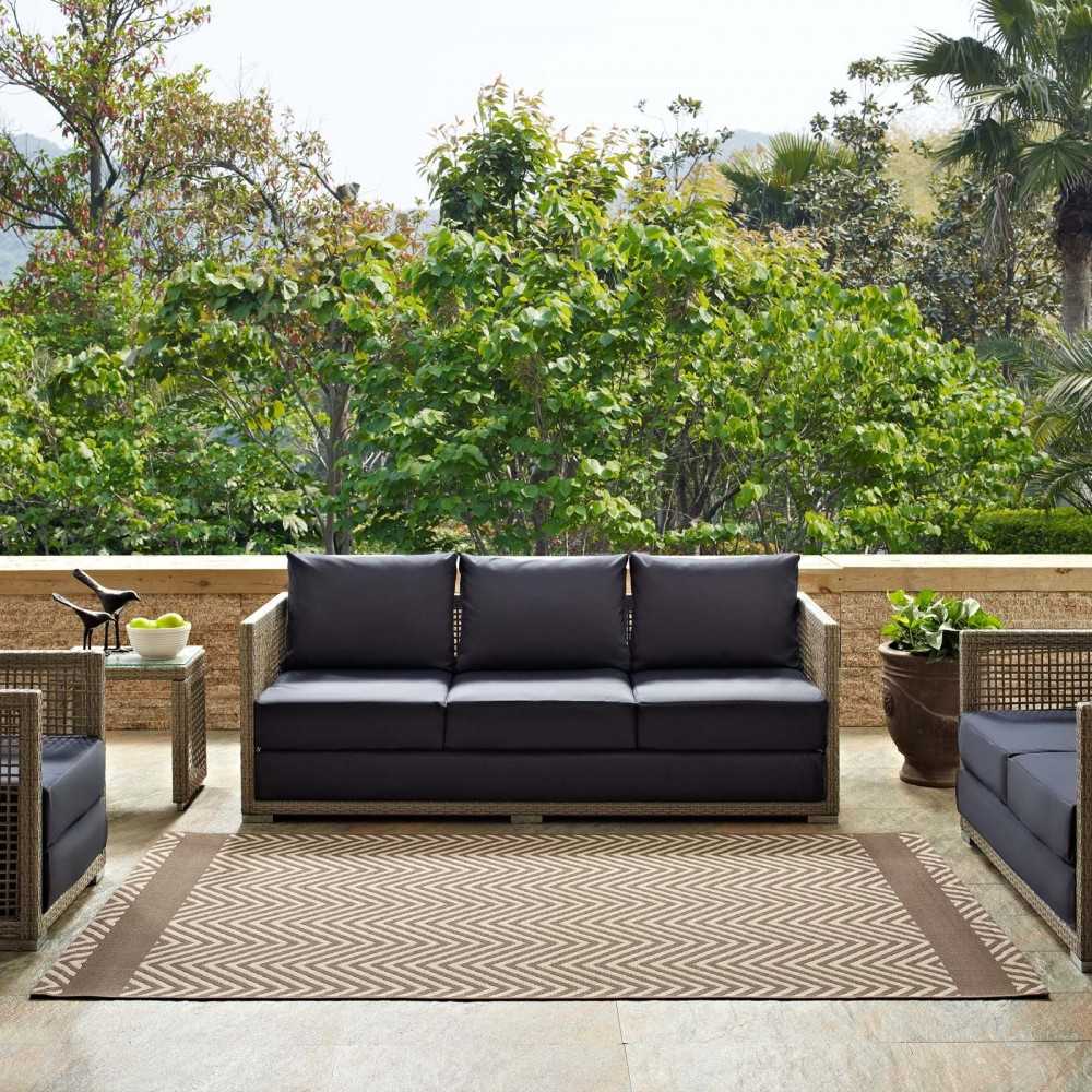 Optica Chevron With End Borders 8x10 Indoor and Outdoor Area Rug, Light and Dark Beige