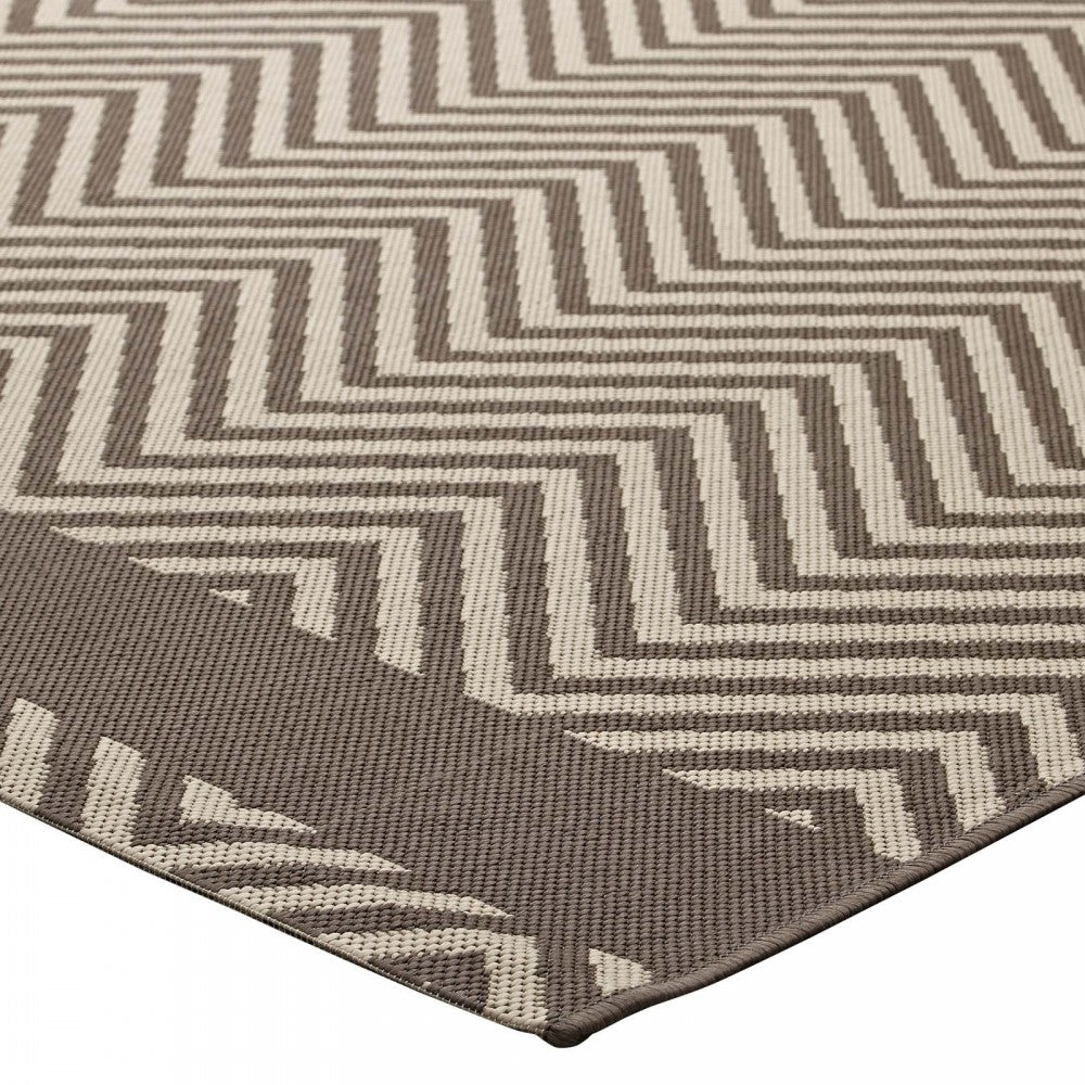 Optica Chevron With End Borders 8x10 Indoor and Outdoor Area Rug, Light and Dark Beige