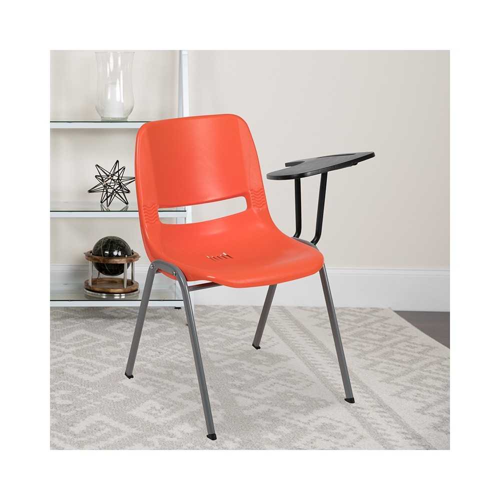 Orange Ergonomic Shell Chair with Left Handed Flip-Up Tablet Arm