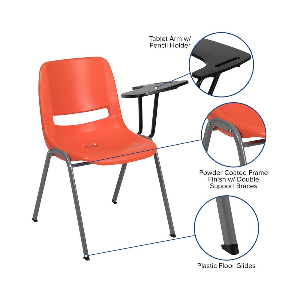 Orange Ergonomic Shell Chair with Left Handed Flip-Up Tablet Arm