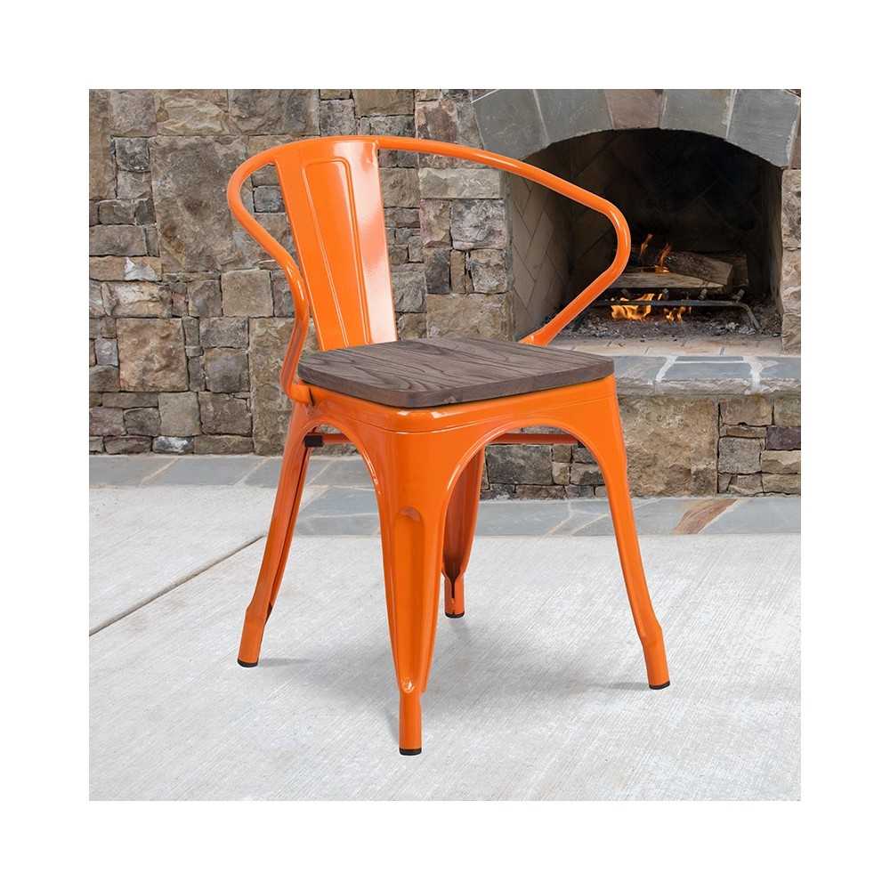 Orange Metal Chair with Wood Seat and Arms