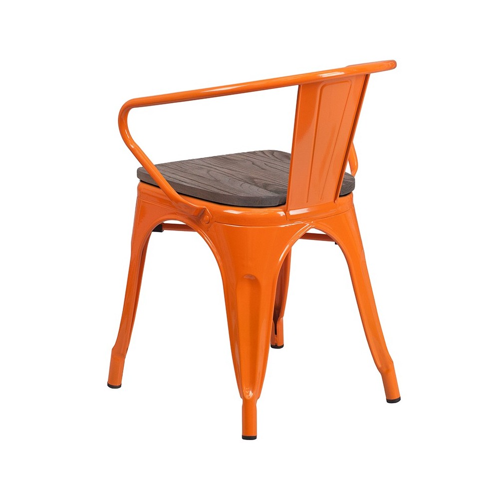 Orange Metal Chair with Wood Seat and Arms
