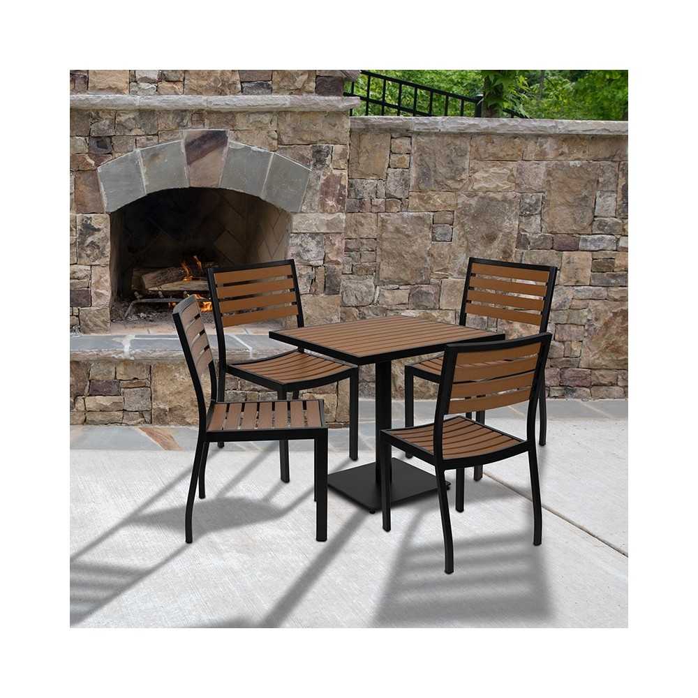 Outdoor Patio Bistro Dining Table Set with 4 Chairs and Faux Teak Poly Slats