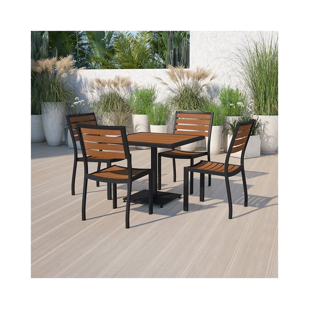 Outdoor Patio Bistro Dining Table Set with 4 Chairs and Faux Teak Poly Slats