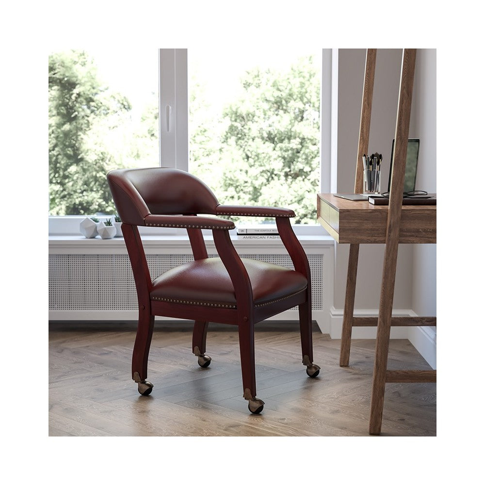 Oxblood Vinyl Luxurious Conference Chair with Accent Nail Trim and Casters