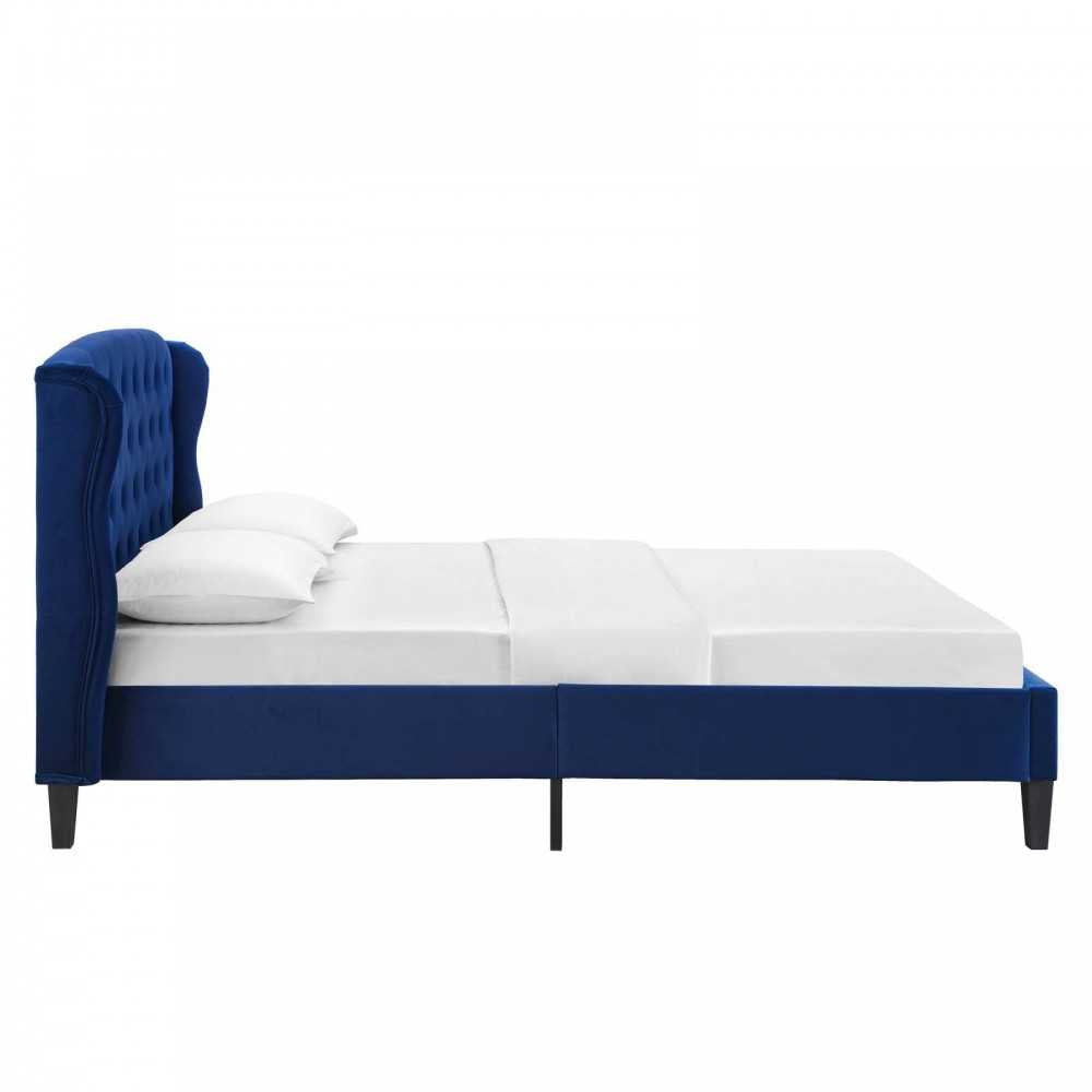 Penelope Tufted Wingback Queen Performance Velvet Platform Bed, Navy
