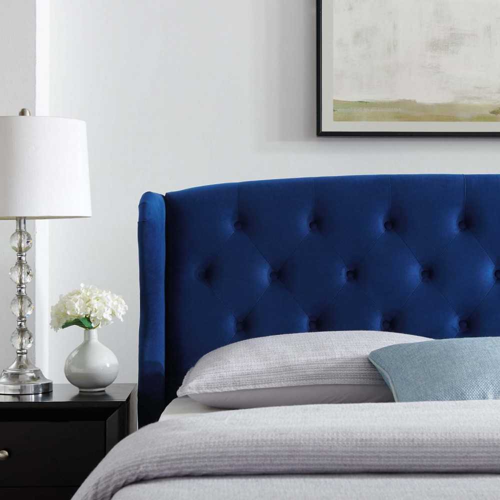 Penelope Tufted Wingback Queen Performance Velvet Platform Bed, Navy