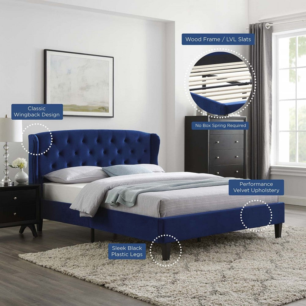 Penelope Tufted Wingback Queen Performance Velvet Platform Bed, Navy