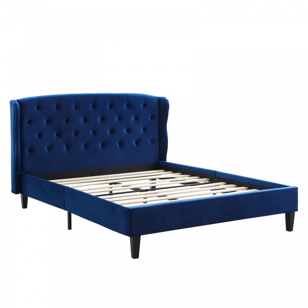 Penelope Tufted Wingback Queen Performance Velvet Platform Bed, Navy