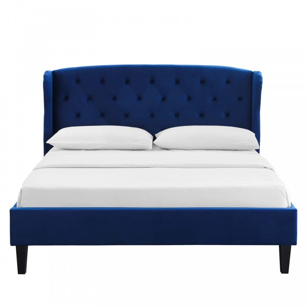 Penelope Tufted Wingback Queen Performance Velvet Platform Bed, Navy