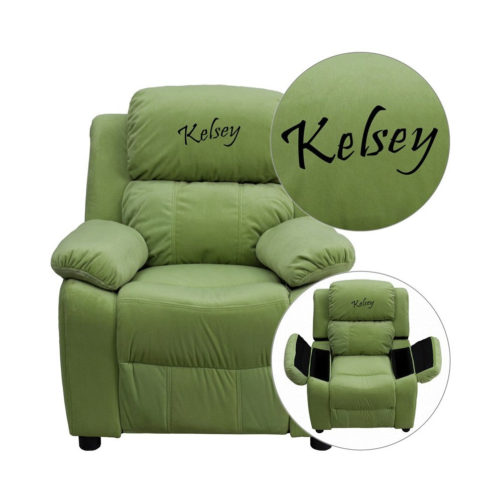 Personalized Deluxe Padded Avocado Microfiber Kids Recliner with Storage Arms