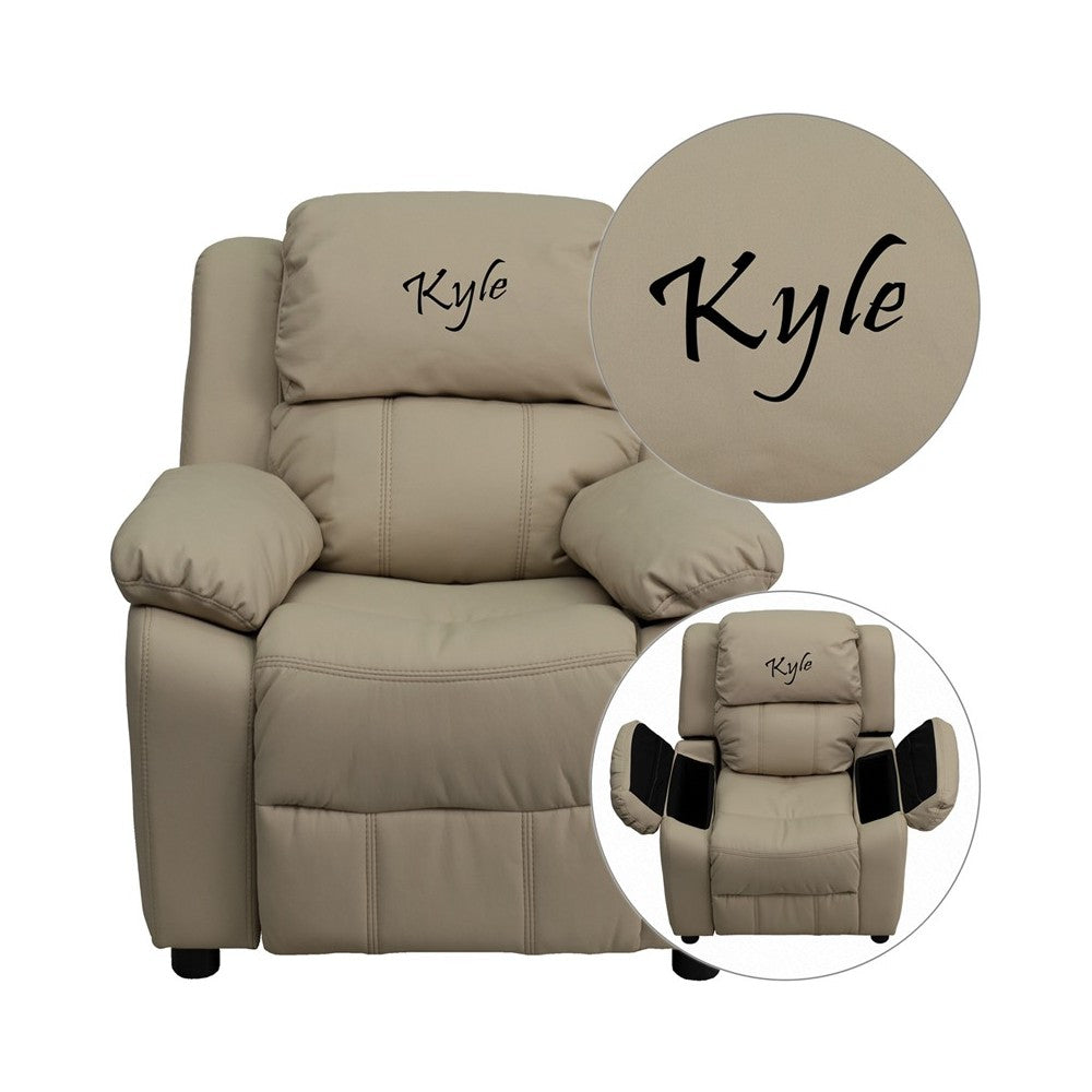 Personalized Deluxe Padded Beige Vinyl Kids Recliner with Storage Arms