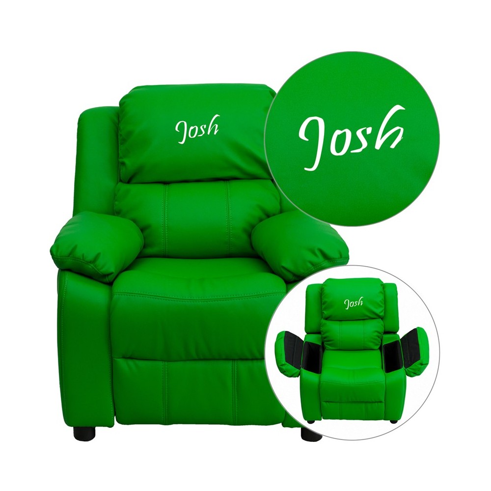 Personalized Deluxe Padded Green Vinyl Kids Recliner with Storage Arms