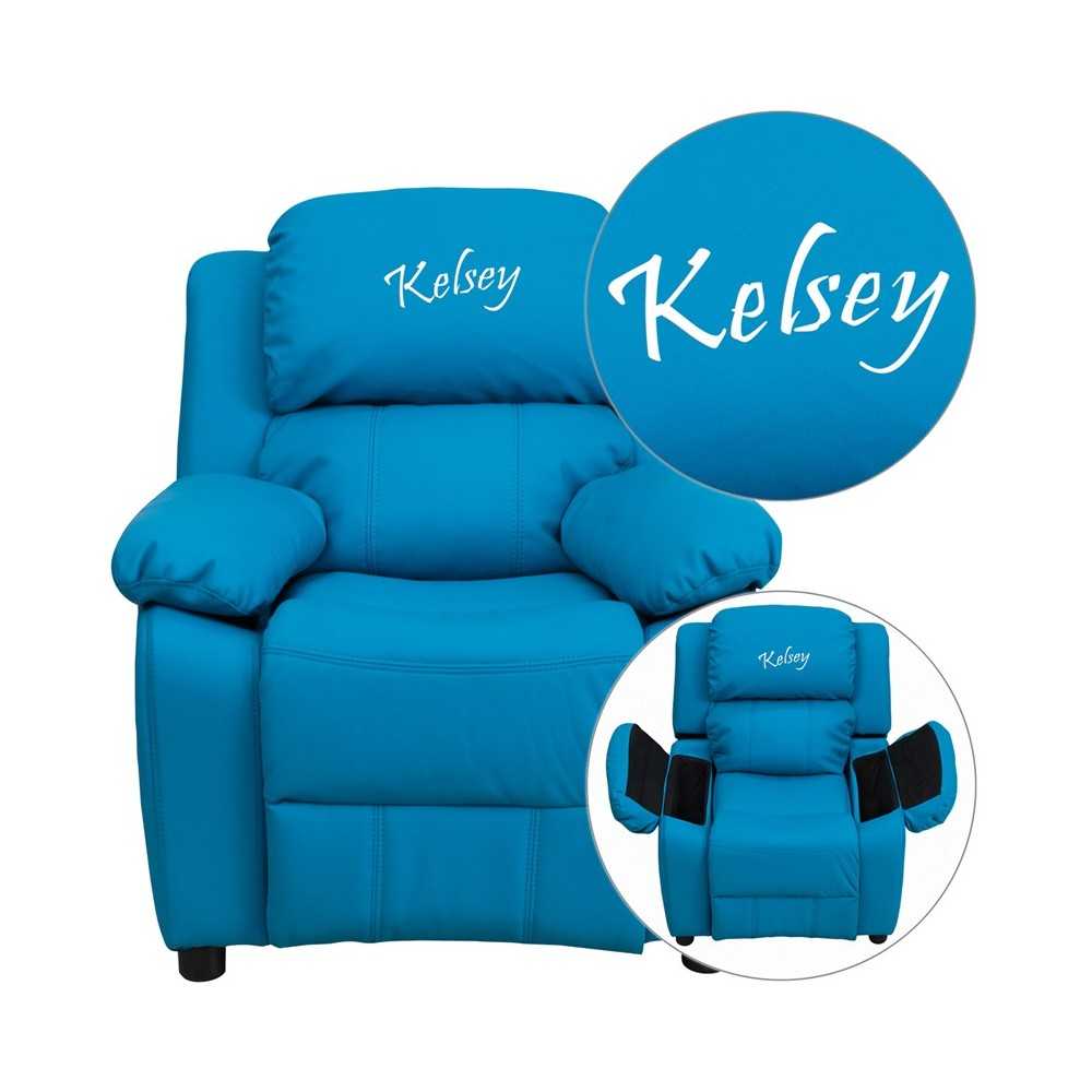 Personalized Deluxe Padded Turquoise Vinyl Kids Recliner with Storage Arms