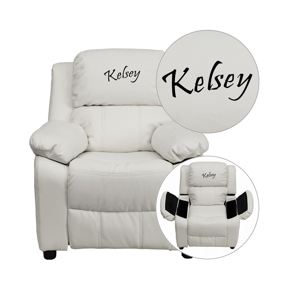 Personalized Deluxe Padded White Vinyl Kids Recliner with Storage Arms