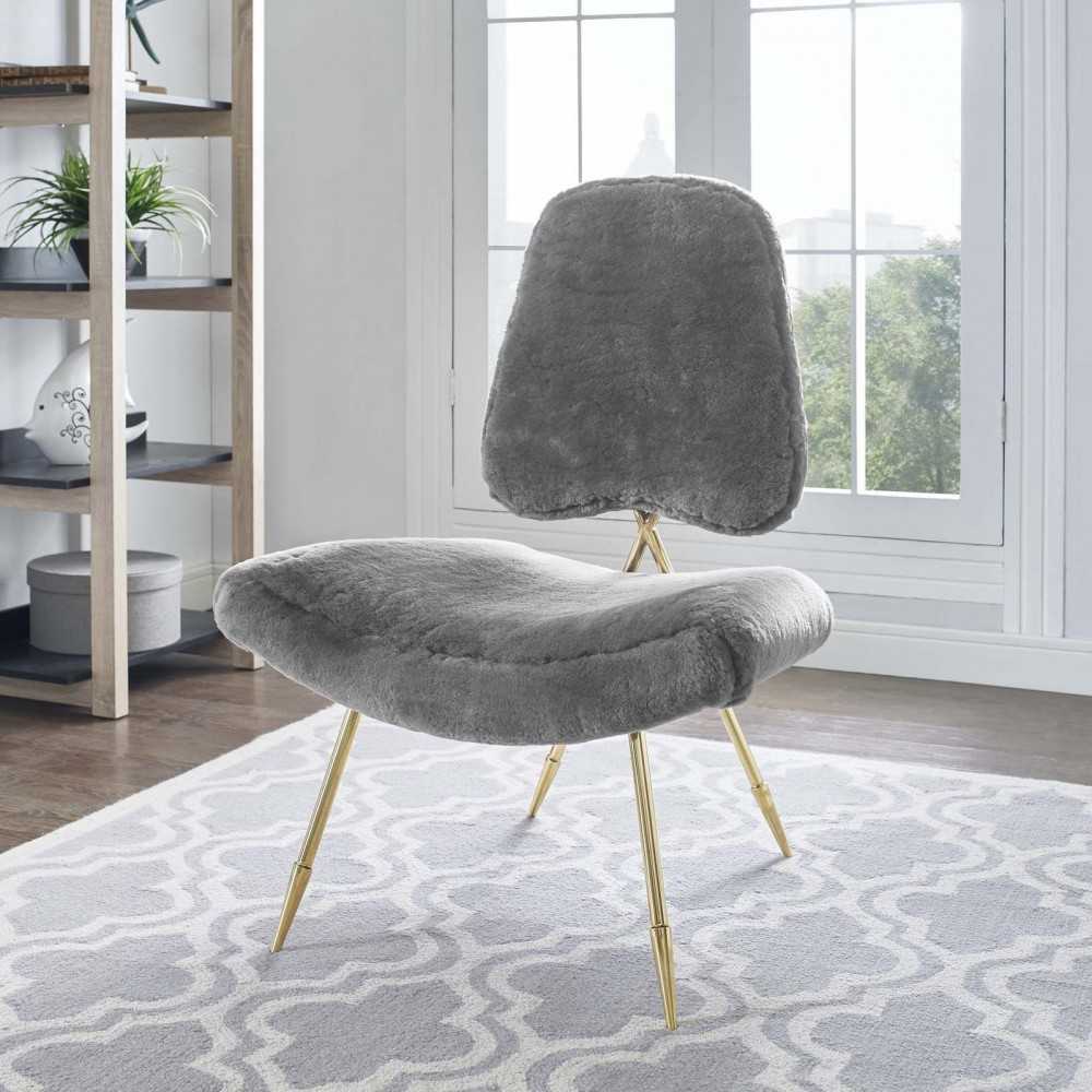 Ponder Upholstered Sheepskin Fur Lounge Chair, Gray