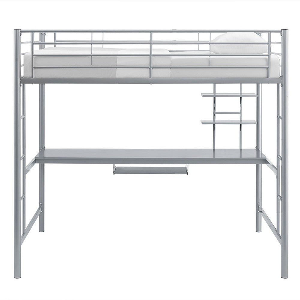 Premium Metal Full Size Loft Bed with Wood Workstation - Silver
