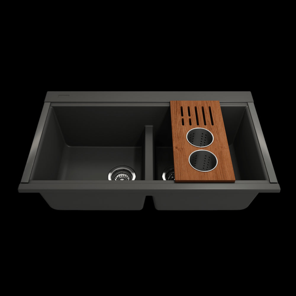 Prep Board Set for Workstation Sinks with 2 Round Steel Colanders & Knife Holder, Mahogany, M