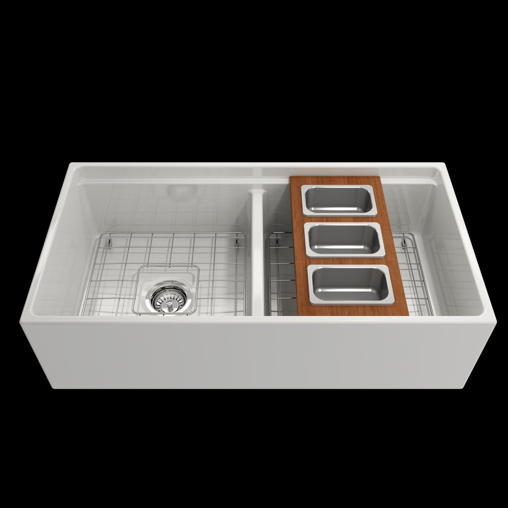 Prep Board Set for Workstation Sinks with 3 Rectangular Stainless Steel Bowls, Mahogany, L