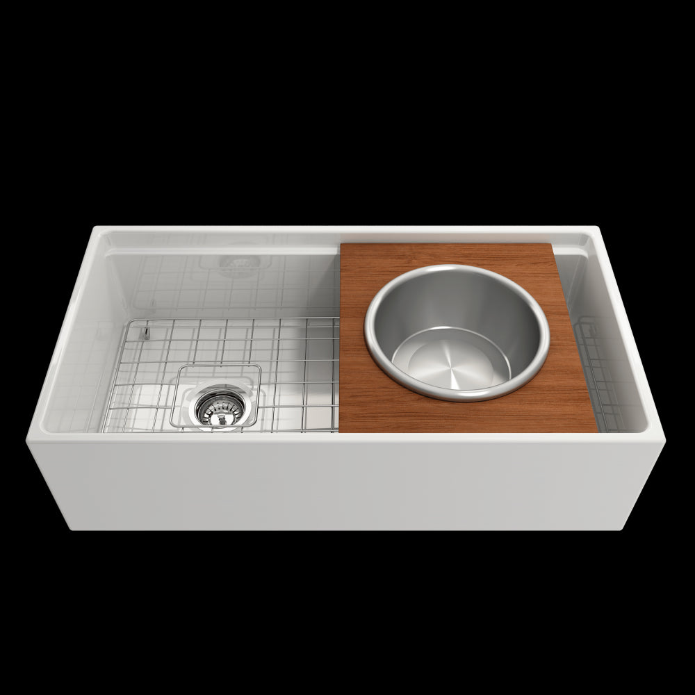Prep Board Set for Workstation Sinks with Round Steel Mixing Bowl and Colander, Mahogany, 2320 0015