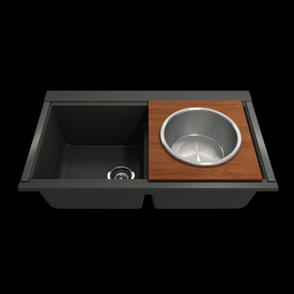 Prep Board Set for Workstation Sinks with Round Steel Mixing Bowl and Colander, Mahogany, 2320 0014