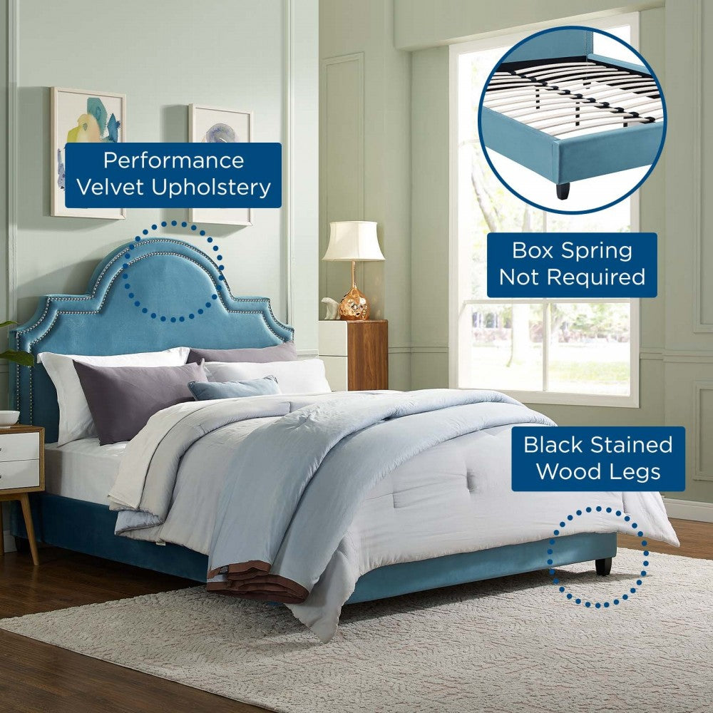 Primrose Queen Performance Velvet Platform Bed, Sea Blue