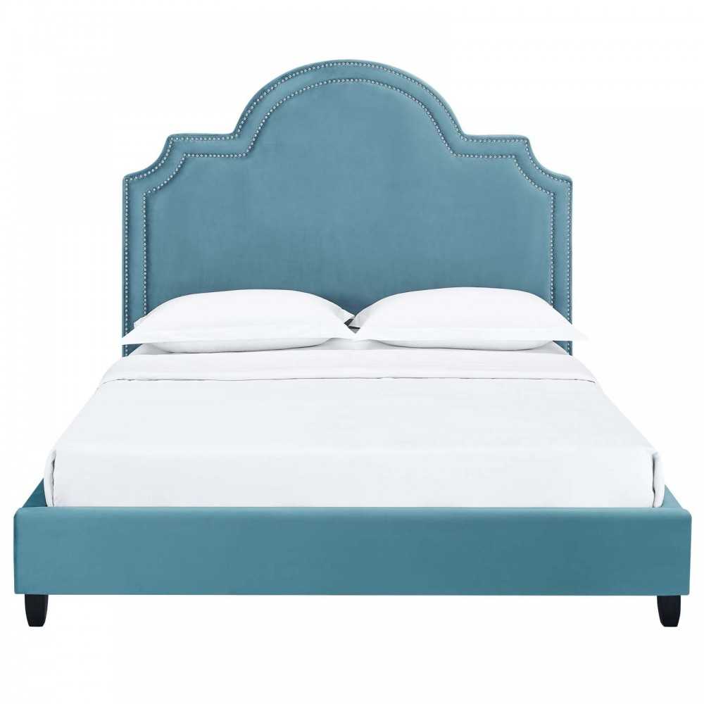 Primrose Queen Performance Velvet Platform Bed, Sea Blue