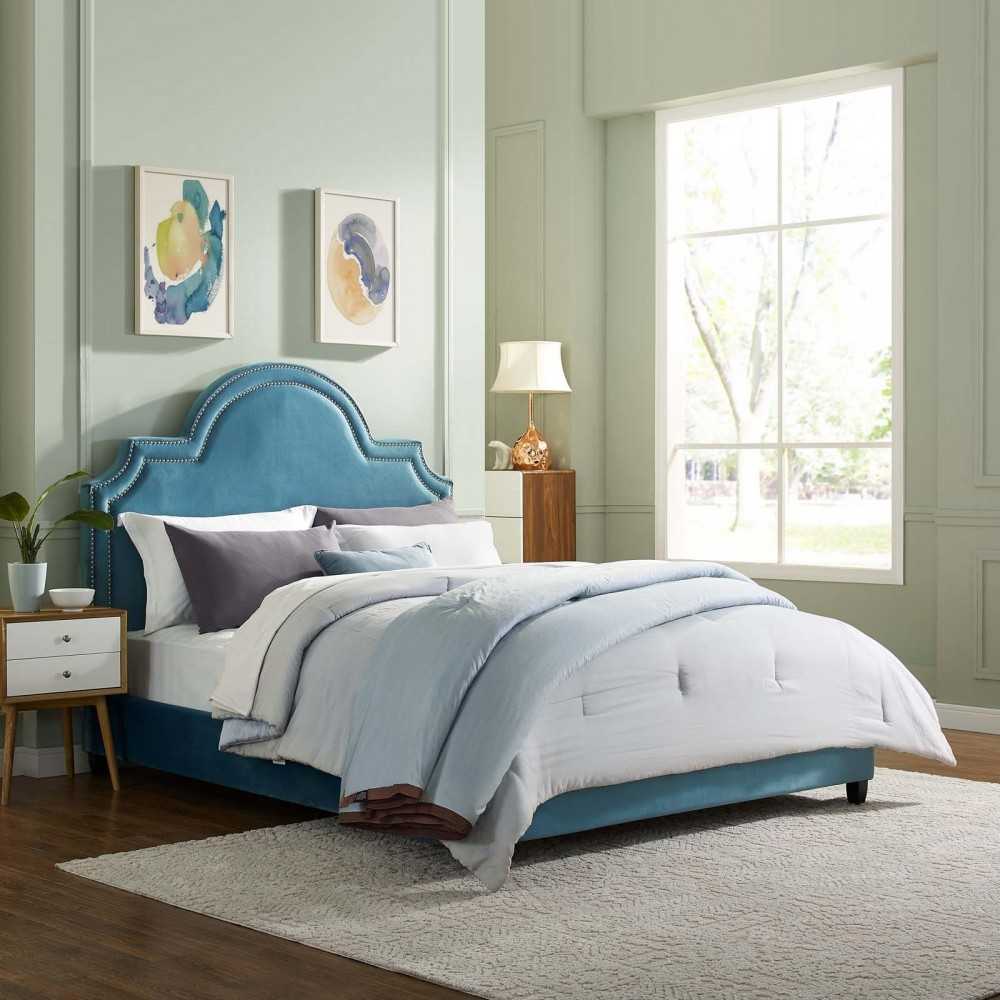 Primrose Queen Performance Velvet Platform Bed, Sea Blue