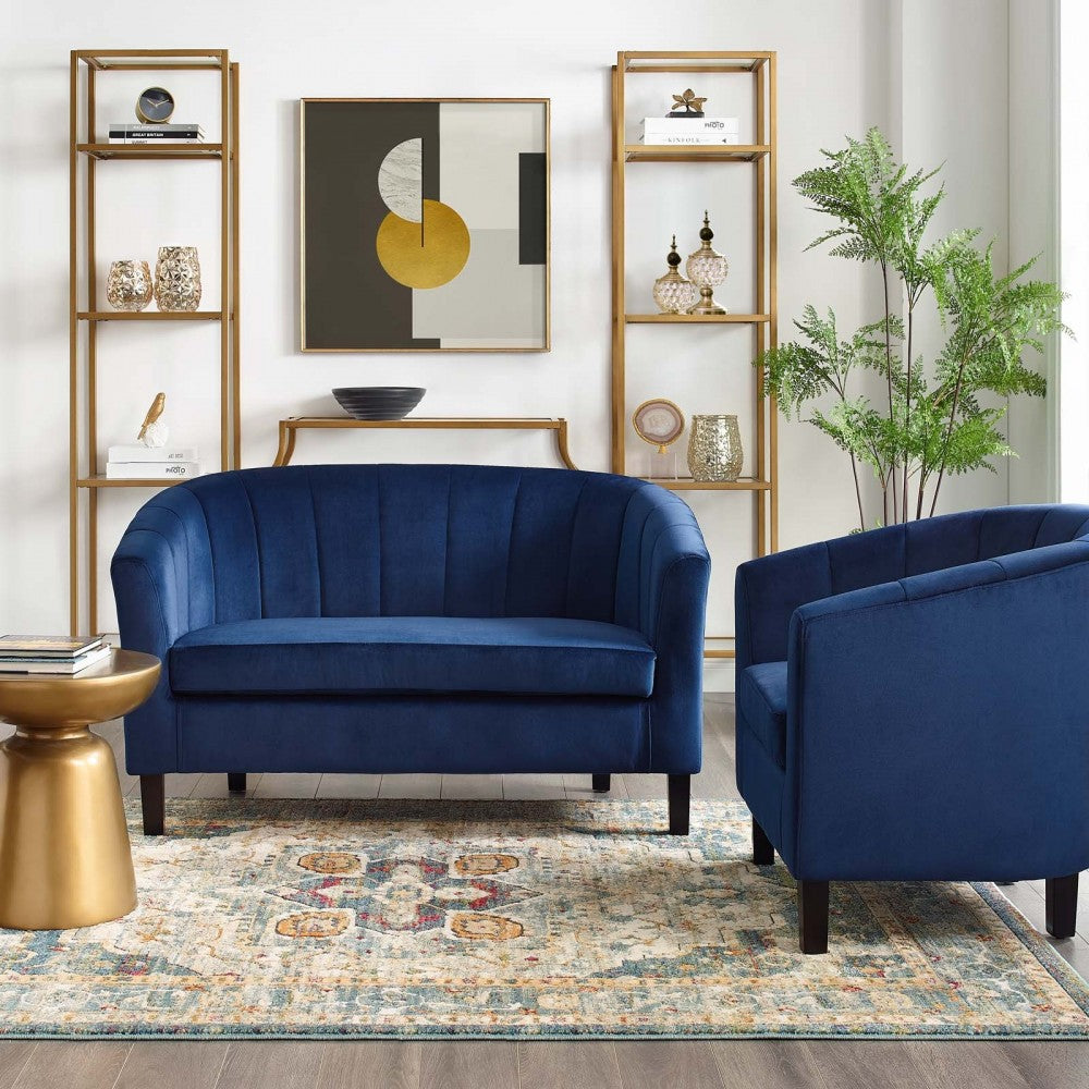 Prospect Channel Tufted Performance Velvet Loveseat and Armchair Set, Navy