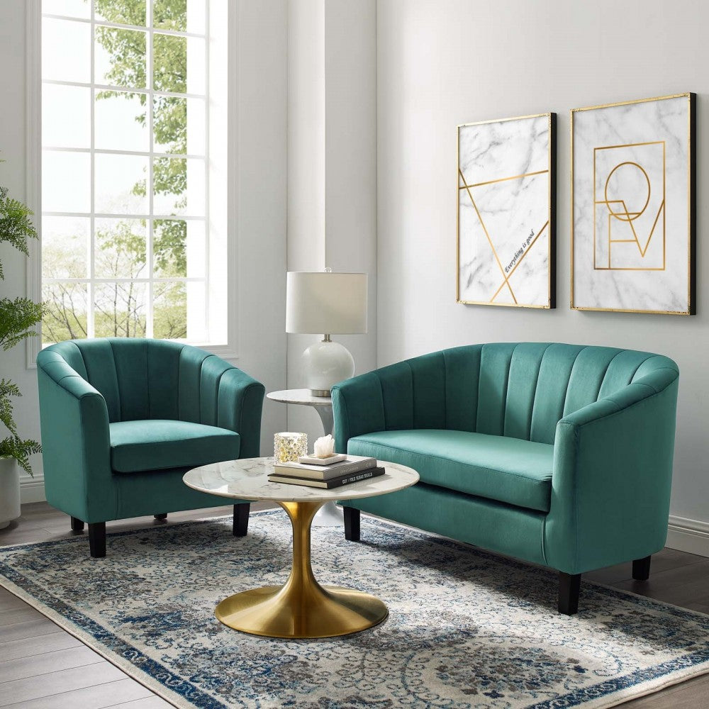 Prospect Channel Tufted Performance Velvet Loveseat and Armchair Set, Teal