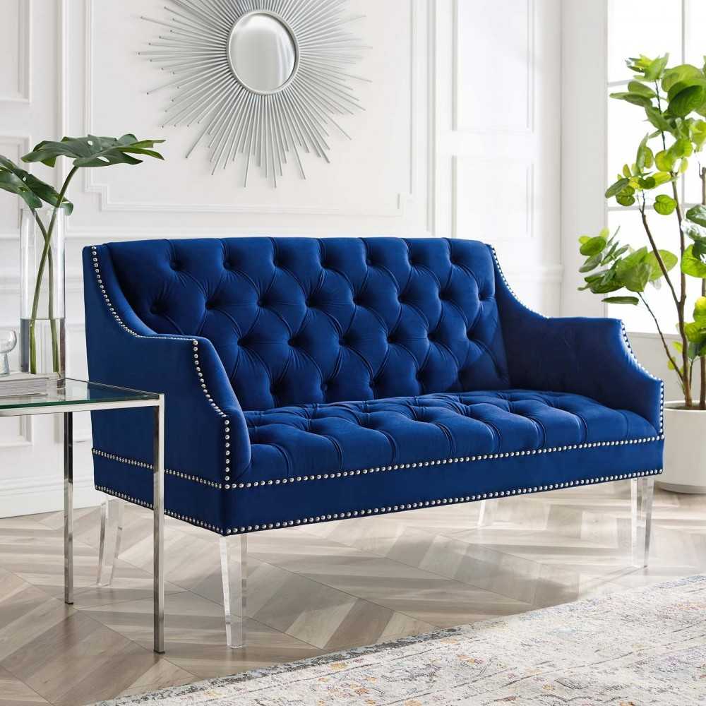 Proverbial Tufted Performance Velvet Loveseat, Navy