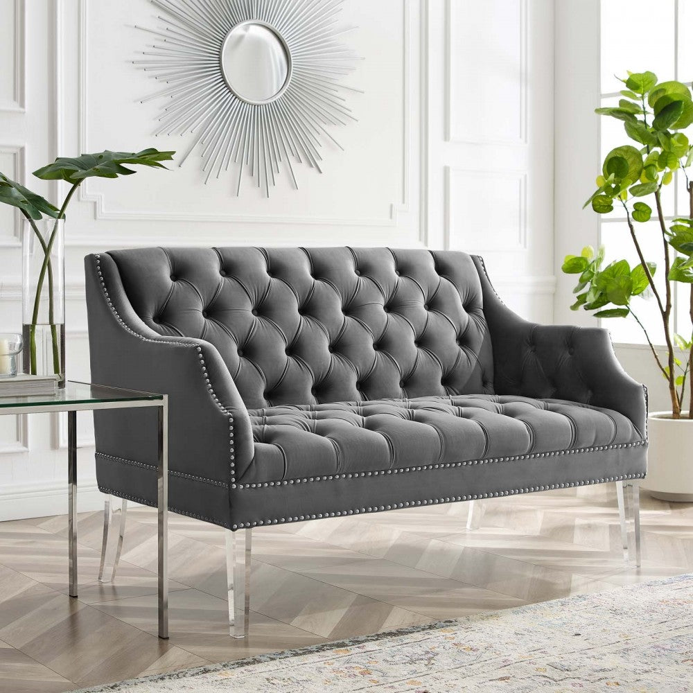 Proverbial Tufted Performance Velvet Loveseat, Gray