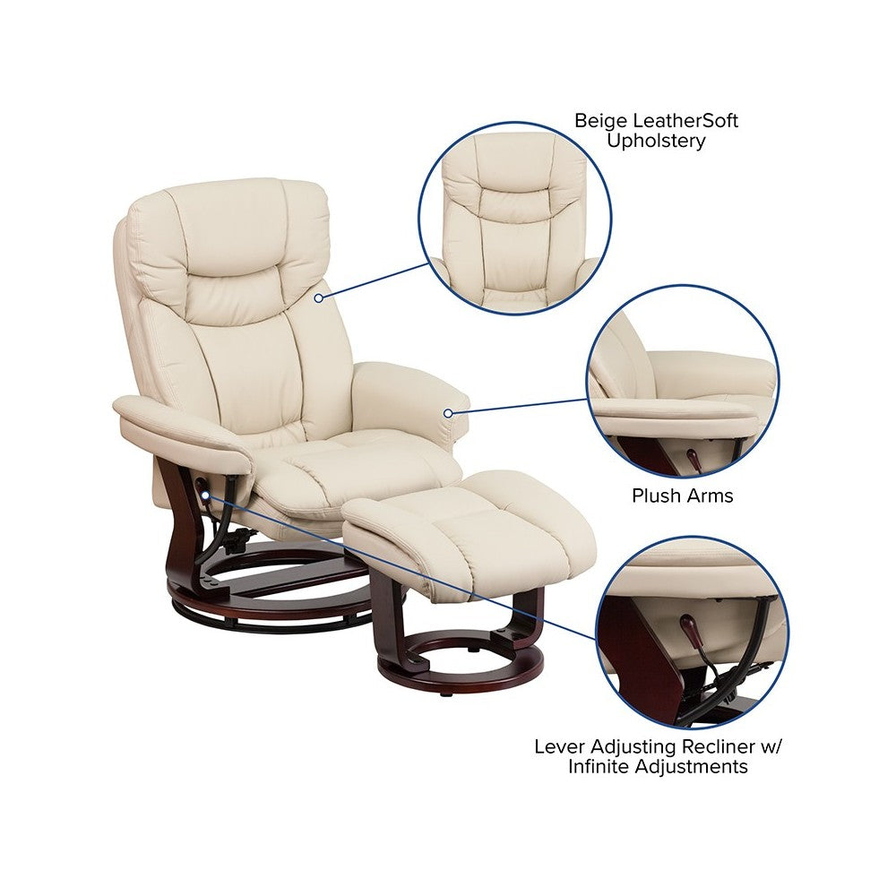 Recliner Chair with Ottoman | Beige LeatherSoft Swivel Recliner Chair with Ottoman Footrest