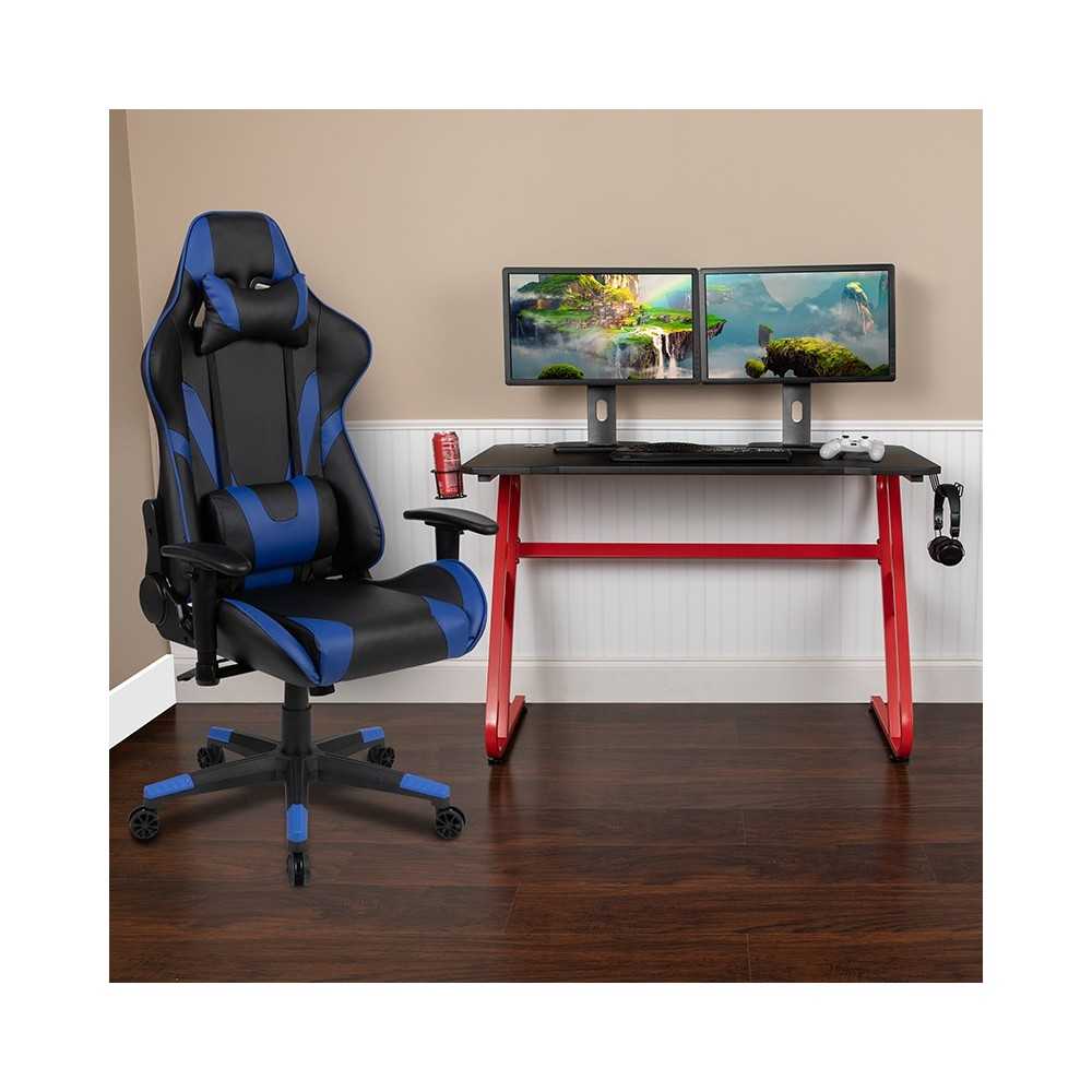 Red Gaming Desk and Blue Reclining Gaming Chair Set with Cup Holder and Headphone Hook