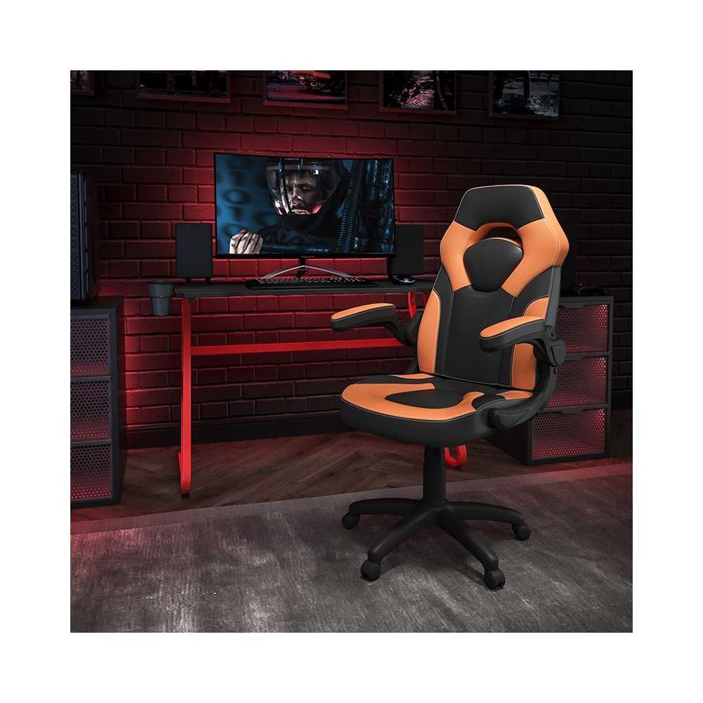 Red Gaming Desk and Orange/Black Racing Chair Set with Cup Holder and Headphone Hook
