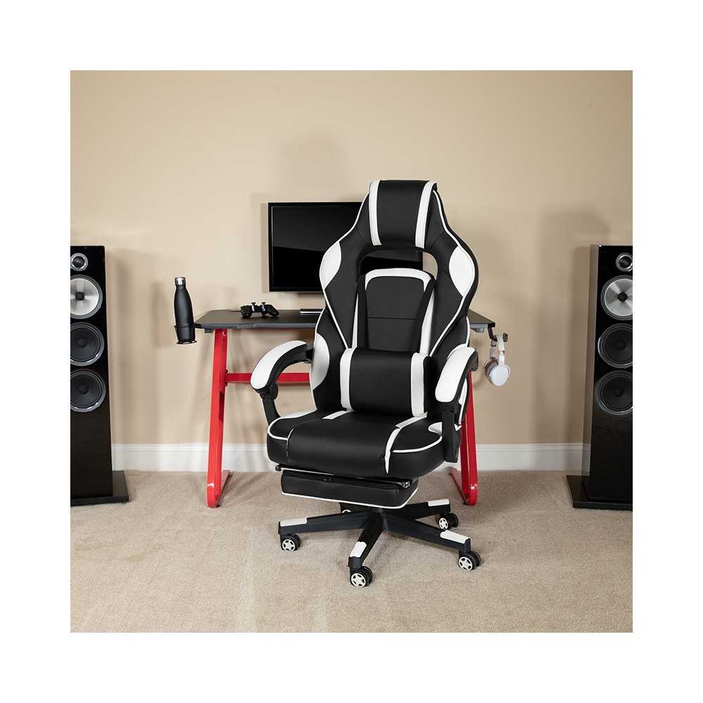 Red Gaming Desk with Cup Holder/Headphone Hook & White Reclining Back/Arms Gaming Chair with Footrest