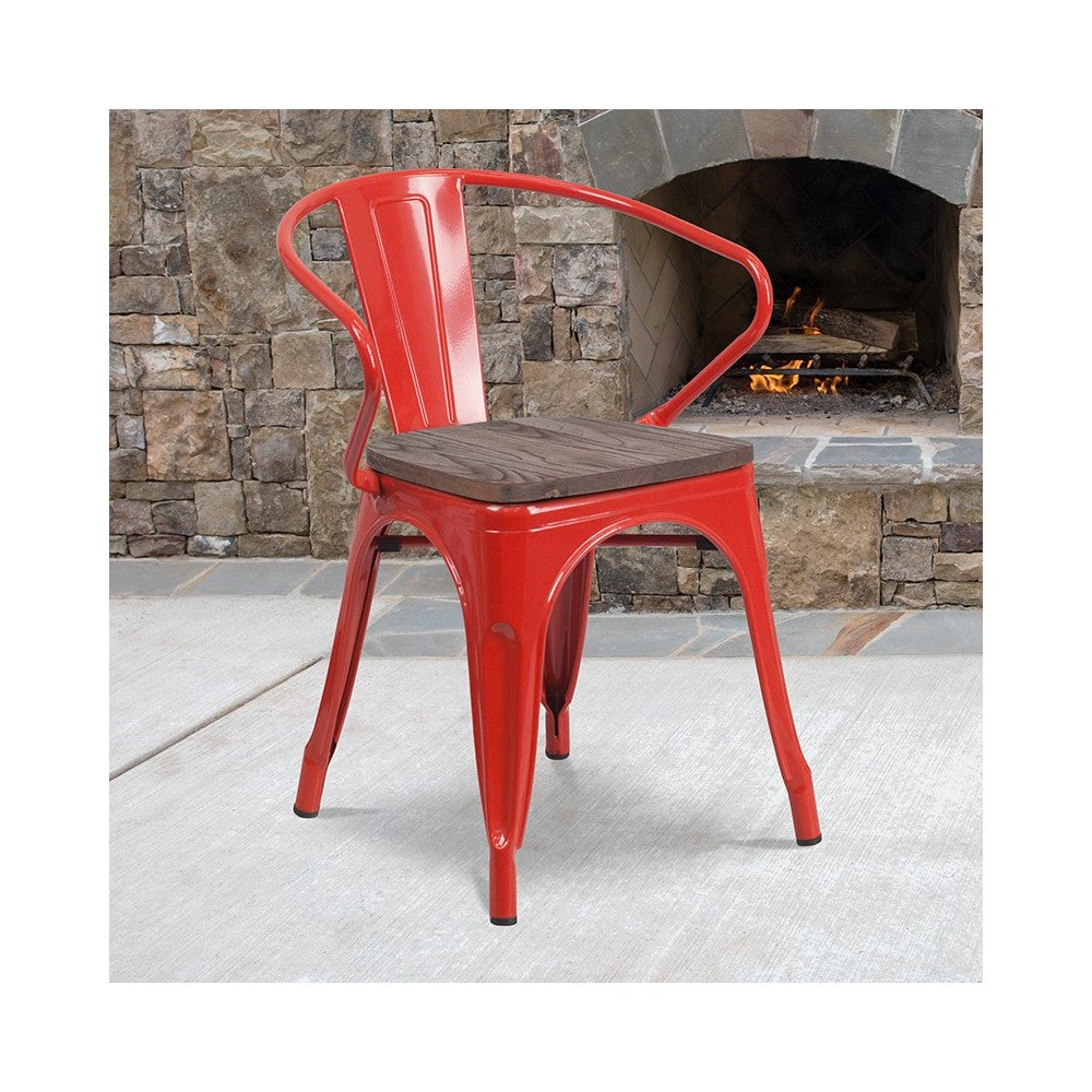 Red Metal Chair with Wood Seat and Arms