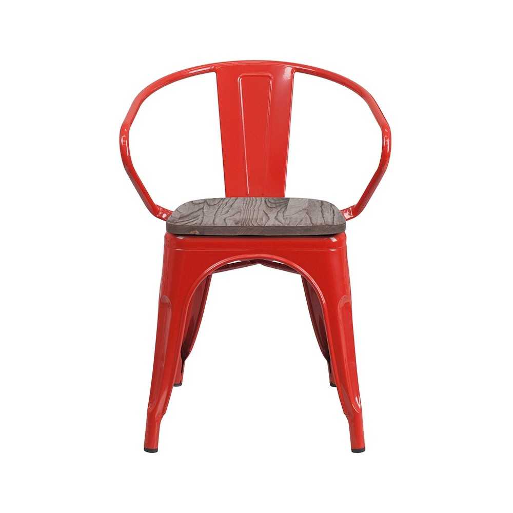 Red Metal Chair with Wood Seat and Arms