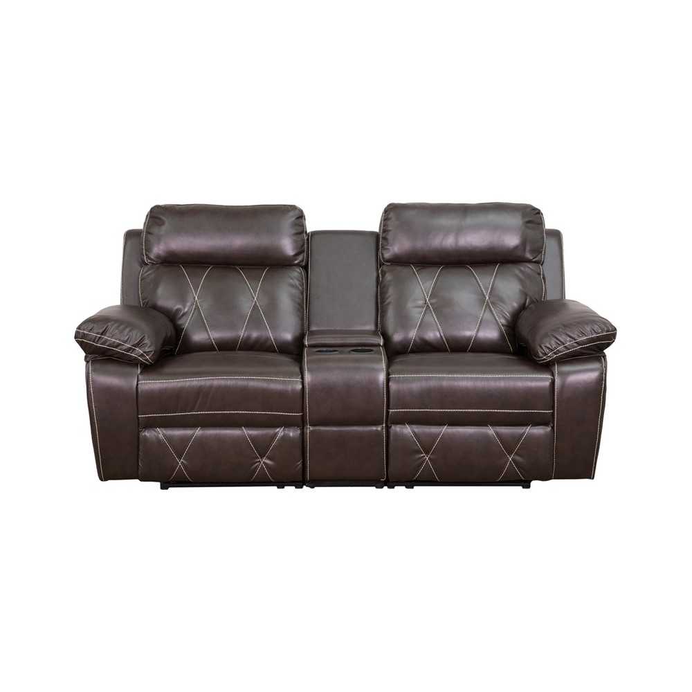 Reel Comfort Series 2-Seat Reclining Brown LeatherSoft Theater Seating Unit with Straight Cup Holders