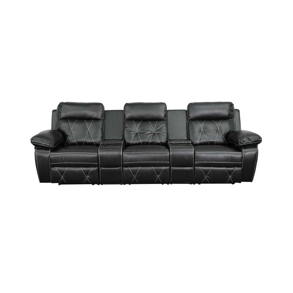 Reel Comfort Series 3-Seat Reclining Black LeatherSoft Theater Seating Unit with Straight Cup Holders