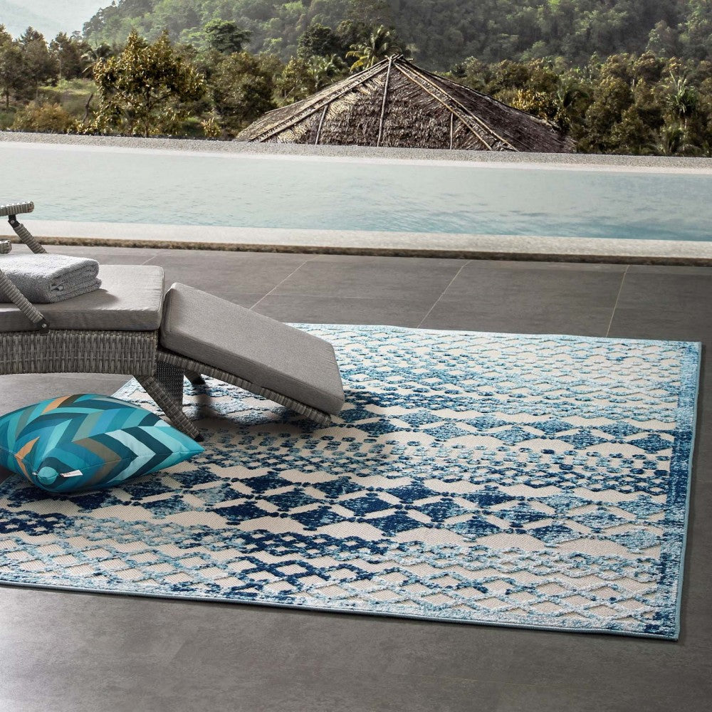 Reflect Giada Abstract Diamond Moroccan Trellis 5x8 Indoor/Outdoor Area Rug, Ivory and Blue