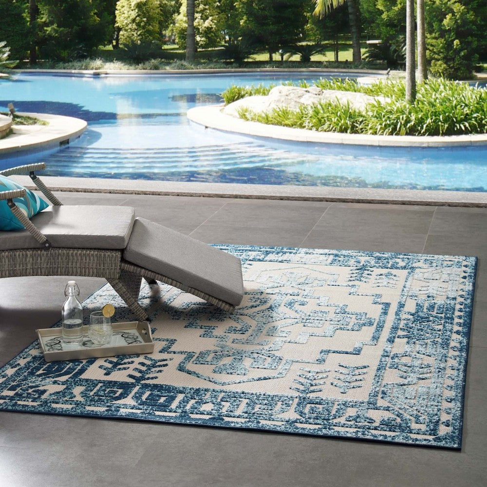 Reflect Nyssa Distressed Geometric Southwestern Aztec 5x8 Indoor/Outdoor Area Rug, Ivory and Blue